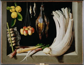 Jagdstillleben mit Vögeln, Gemüse und Zitronen