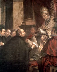 St. Ignatius erhält die päpstliche Bulle der Gründung der Gesellschaft Jesu (Jesuiten) von Papst Paul III.