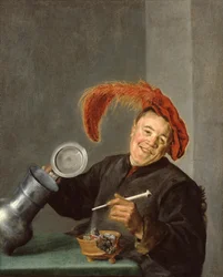 Fröhlicher Mann mit einem Zinnkrug und einer Pfeife