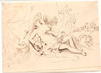Ruhende Venusfigur, umgeben von sechs Putti, die mit Schwert, Pfeil und Herz spielen