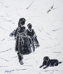 Kinder gehen mit Hund spazieren