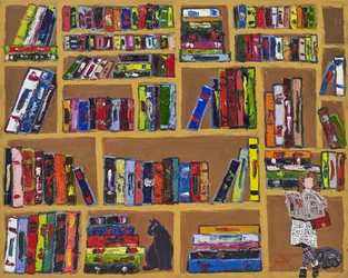 Gemütliche Bücherregal-Leseszene
