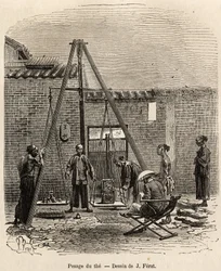 Das Wiegen des Tees vor seiner Expedition auf Handelsmärkten in einer Schießpulverfabrik in der Fati-Bucht (Provinz Kanton), graviert nach einer Zeichnung von J. Ferat zur Illustration der Reise nach China, von J. Thompson, 1870-1872, veröffentlicht in „Le