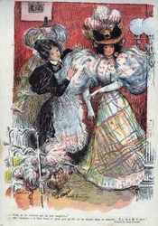 Findest du nicht, dass sie ein bisschen übertrieben sind? Humoristische Zeichnung von Abel Faivre (1867-1945). „Das Lachen“, Nr. 45 1895. - Eine Frau probiert ein neues Kleid mit zwei großen Ärmeln. Sie fragt um Rat von ihrem Begleiter.