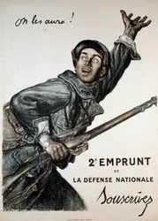 Erster Weltkrieg (1914-1918): Plakat von Abel Faivre für den Nationalkredit. Ein Soldat fordert die Öffentlichkeit auf, zu zeichnen „Wir werden sie kriegen!“ - 2. Kredit der Nationalen Verteidigung - Zeichnen