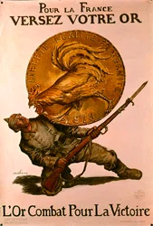 Französisches Plakat aus dem Ersten Weltkrieg, das die Menschen ermutigt, Geld bei Banken für den Kriegseinsatz einzuzahlen, 1915