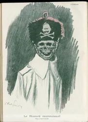 Illustration von Abel Faivre (1867-1945) in „Fantasio“, 01/05/15 - Der dankbare Husar - Krieg von 14-18, Deutschland Preußen - Wilhelm II., Schnitter/Kamerad - Tod, Lächelnde Gesichter