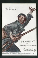 Postkarte, Satirisch in Farben: Krieg von 14-18, Leihen, Patriotische Tage - Soldaten Illustration von Abel Faivre (1867-1945)