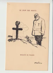 Postkarte, Satirisch in Schwarz-Weiß, ca. 1915: Tag der Toten - Krieg von 14-18, Trauer, Beerdigungen - Joffre, Soldaten Illustration von Abel Faivre (1867-1945)