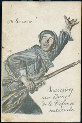 Postkarte zur Zeichnung der Anleihe der Nationalen Verteidigung, die einen an die Front ziehenden Soldaten zeigt, der ruft: „Wir werden sie kriegen!“