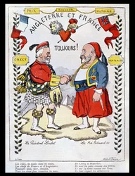 Die Entente Cordiale zwischen Frankreich und Großbritannien: Karikaturen des Präsidenten Loubet (1838-1929) und König Eduards VII. (1841-1910), Illustration aus „Le Rire“, 1903