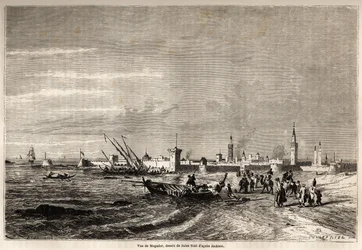 Ansicht von Essaouira (ehemals Mogador), Zeichnung von Jules Noel (1810-1881), zur Illustration der Reise von Herrn F. Schickler nach Marokko im Jahr 1860. Gravur in „Le tour du monde, nouveau journal des voyages“ Paris.