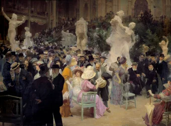 Belle Époque: „Ein Freitag im Salon des artistes français“ Mitglieder der Pariser Bourgeoisie treffen sich zu gesellschaftlichen Anlässen. Detail. Gemälde von Jules Alexandre Grun (1868-1934) 1911 Rouen, Musée des Beaux Arts