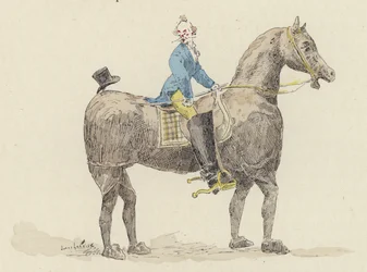 Clown auf Kostümpferd (Farblithografie)