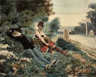 Ein Pariser und ein Picard sitzen auf dem Gras. Illustration von Jules Garnier. In "Rabelais et l