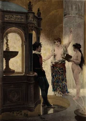 Bacbuc, Priesterin des Orakels der Flasche, und Panurge im Tempel der Flasche. Rechts eine von Bacbucs Mägden. Pantagruel. Illustration von Jules Garnier. In „Rabelais et l