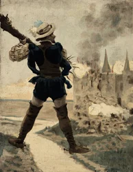 Gargantua zerstört das Schloss des Gue de Vede mit einem Baum. Gargantua. Illustration von Jules Garnier. In „Rabelais et l