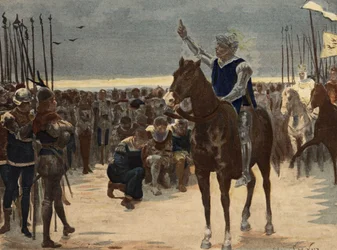 Gargantua, Sieger über die Armee von Picrochole, König von Lerne, spricht zu den Besiegten. Gargantua. Illustration von Jules Garnier. In „Rabelais et l