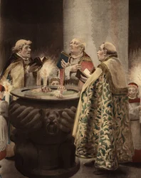 In einer Kapelle umgeben drei Priester ein Weihwasserbecken, in dem ein Mann eingetaucht ist. Pantagruel. Illustration von Jules Garnier. In „Rabelais et l