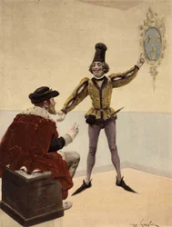 König von England Edouart (Edward) V, auf seiner Toilette, betrachtet das Wappen von Frankreich, das ihm sein Arzt zeigt. Pantagruel. Illustration von Jules Garnier. In „Rabelais et l