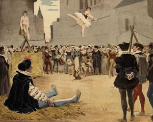 Musiker und Seiltänzer treten auf der Straße unter dem Blick von Gargantua auf. Illustration von Jules Garnier. In "Rabelais et l