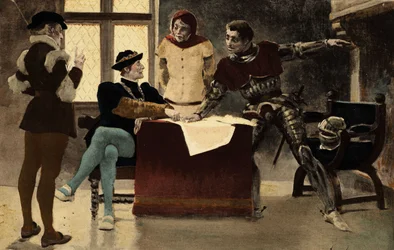 Alter Echephron (2. von rechts) berät Picrochole, König von Lerne (rechts). Gargantua. Illustration von Jules Garnier. In „Rabelais et l