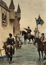 Ulrich Gallet, gesandt von Grandgousier, dem Vater von Gargantua, spricht mit Picrochole, König von Lerne. Illustration von Jules Garnier. In "Rabelais et l