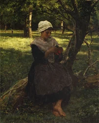 Ein Bauernmädchen beim Stricken, ca. 1870