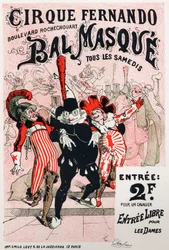 Kunst. Unterhaltung. Maskenball des Fernando-Zirkus, Paris. Plakat von Jules Cheret, Frankreich, ca. 1870-80