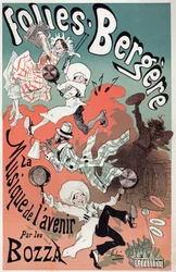 Kunst. Unterhaltung. Die Musik der Zukunft von den Bozzas. Plakat von Jules Cheret für eine Show im Folies Bergeres, Paris, um 1880