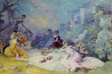Frühstück im Grünen, Szene eines Landpicknicks, Gemälde von Jules Cheret