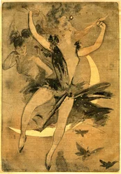 Zeichnung von Jules Cheret, die "Lulu" von Felicien Champsaur illustriert, Roman und Pantomime in einem Akt (1900), der eine Clown-Tänzerin inszeniert. "Lulu" gilt als eines der besten Beispiele für die sogenannte "Zirkusliteratur" in Frankreich.