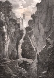 Tal der Mühlen in Sorrent, Kampanien, Italien, Lithographie von Villeneuve nach einer Zeichnung von Jules Coignet