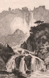 Ansicht der Marmore-Wasserfälle (Cascata delle Marmore) bei Terni, Umbrien, Italien, Stahlstich nach einer Zeichnung von Jules Coignet, ca. 14x20 cm