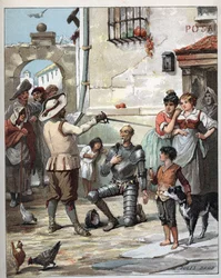 Vor einem Gasthaus, Don Quixote wird zum Ritter - Illustration von Jules David (1808-1892) aus Histoire de Don Quixote (Don Quixote) - 1887 - von Miguel de Cervantes Saavedra (1547-1616)