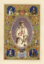 Porträt von Saint John of Matha, Gründer des Ordens der Heiligsten Dreifaltigkeit, mit Heiligenschein, in Kreuzritterroben, hält Fesseln befreiter Christen