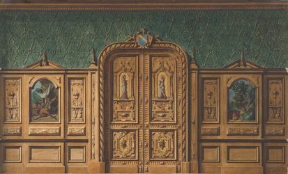 Entwurf für einen Raum mit Holzpaneelen und stark geschnitzter Doppeltür, 1830-97
