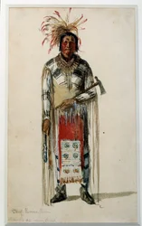 Indianer Amerikas: Fußabdruck eines Indianerhäuptlings des Pawnee Ponca Stammes. Lithographie von Jules Emile Saintin (1829-1894) 1858