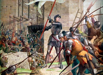 Hundertjähriger Krieg: Jeanne d’Arc in Rüstung vor Orléans. Detail eines Gemäldes von Jules Eugène Lenepveu (1819-1898)