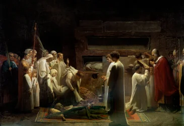 Die Märtyrer in den Katakomben. Christliche religiöse Versammlung beim Begräbnis der ersten Christen in Rom. 1855. Maße: 1,7 x 3,36 m. Paris, Musée d