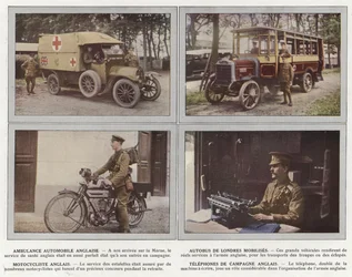 Englischer Krankenwagen, Londoner Busse mobilisiert, englischer Motorradfahrer, englische Feldtelefone