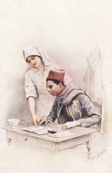 Lesestunde. Postkarte aus „Der Krieg der Nationen“, die eine Rotkreuzschwester zeigt, die einem senegalesischen Schuhmacher das Lesen beibringt