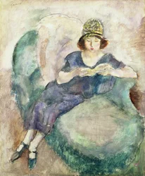 Mädchen in Blau liest auf einem Sofa, 1926-27