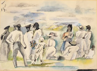 Gruppe von Figuren mit Junge, der Blumen hält