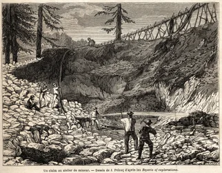Eine Bergbauansiedlung oder Werkstatt in Kalifornien, Zeichnung von Jules Pelcoq, zur Illustration der Reise von Baron de Wogan nach Kalifornien in den Jahren 1850-1852. Gravur in „Le tour du monde, nouveau journal des voyages“ Paris