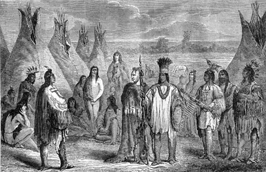 Gruppe von Delaware-Indianern in ihrem Tipi-Lager. Gravur zugeschrieben Janet Lange, ca. 1870. Illustration der Hachette-Ausgabe von 1888 des Buches „Der letzte Mohikaner“, nach Fenimore Cooper.