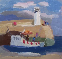 Figuren auf einer Hafenmauer, Cornwall