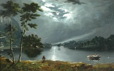 Fähre, Windermere, Blick nach Norden und See im Mondlicht