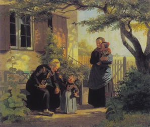 Ein kleines Mädchen lässt einen alten Mann an einer Blume riechen