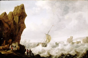 Ein Fischerboot mit zwei Masten (Haken) in stürmischer See, eingezwängt in eine Passage, umgeben von einer Küste mit steilen Felsen. Öl auf Holz, um 1620, von Julius Porcellis (1609-1645)